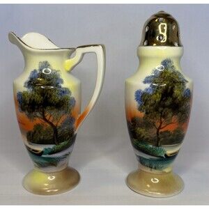 Vintage Noritake Waffle Set Creamer & Sugar Hand Painted Scenic Japan